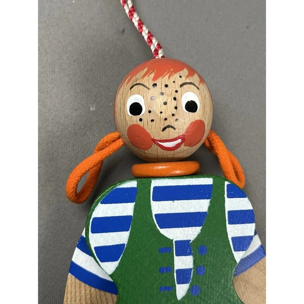Vtg Original M Gschnitzer Austria Pippi Longstocking Ginger Wood Pull String Toy